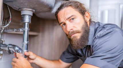 Plumber repairs kitchen sink in cozy home during bright afternoon, showcasing craftsmanship and dedication to quality service