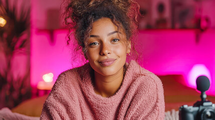 Young woman enjoying a cozy evening in a softly lit room, creating content with vibrant colors illuminated by ambient lights