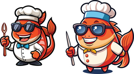 Funny Chef Fish Cartoon Mascots in Sunglasses