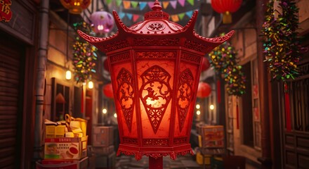 Red Chinese Lantern in Narrow Street with Decorations