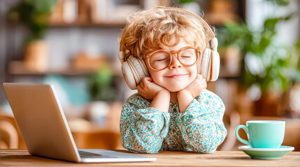 Enjoying a moment of music joyfully at a cozy cafe with headphones and a warm beverage