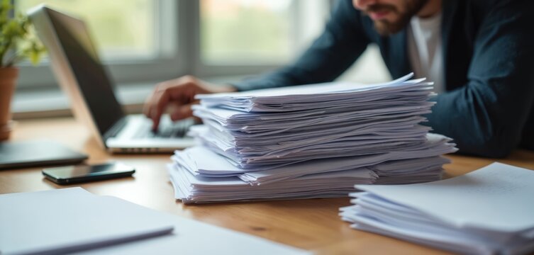 Person working at office desk on laptop computer. Pile of documents on table. Overwork, excess responsibilities. Heap of paperwork, finance, accounting, business. Many sheets, folder, report.