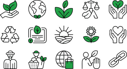 A vibrant vector set of ecology and gardening icons, symbols of green energy, nature, and environmental conservation with elements like trees, leaves, and recycling signs