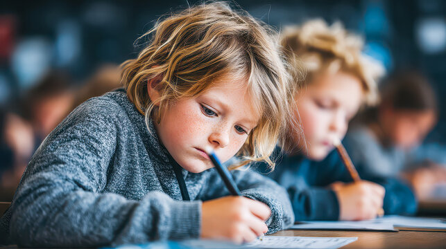 Children engaged in focused writing activity during a classroom lesson on a sunny afternoon