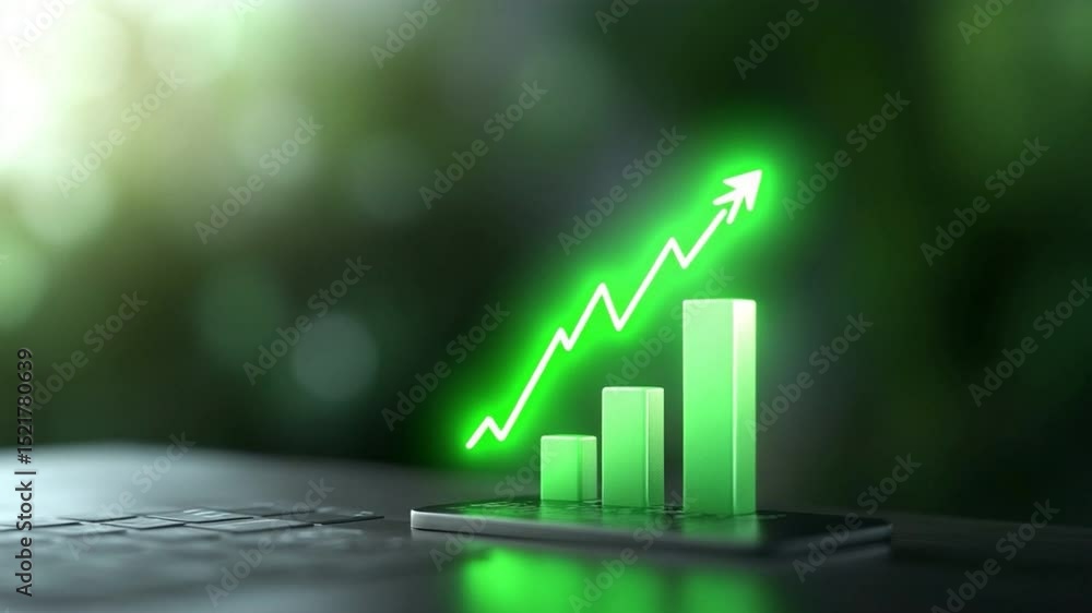 Poster progress visualization: a dynamic representation of financial growth and success, with a glowing gre