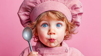 Cute young chef with bright blue eyes and a spoon wearing a pink chef hat against a pastel pink backdrop exudes creativity and joy