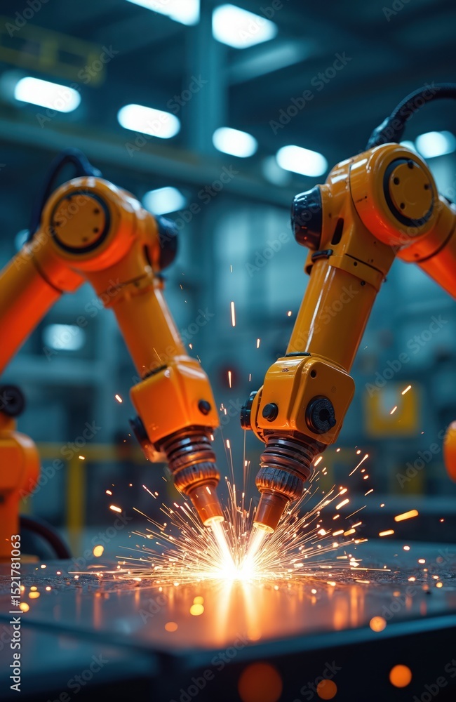 Poster automated welding robots operate in industrial manufacturing plant. robotic arms perform welding, cr