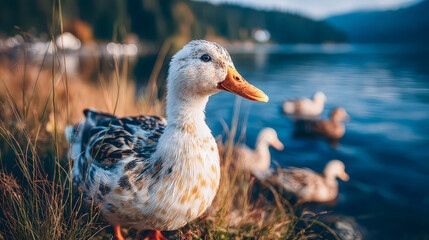 Ducks roam along the tranquil lakeside at sunset, showcasing nature's charm and serenity in the golden hour glow