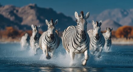 Fototapeta premium Zebras Running Through Water in Africa, Showcasing Wildlife Conservation and Natural Beauty, Ideal for Travel and Tourism Marketing : Generative AI