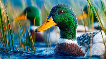 Colorful mallard ducks gliding through serene waters surrounded by lush green grass in a tranquil natural setting at dawn