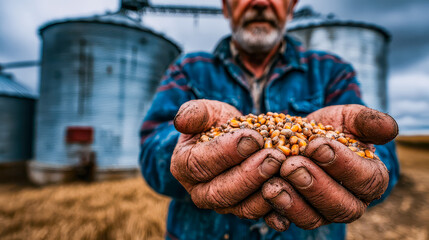 Farmer proudly holds harvested corn in hands, showcasing renewed hope and the essence of rural agriculture in dynamic landscapes