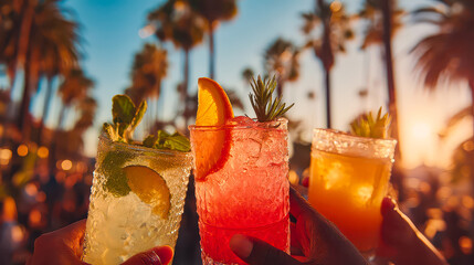 Refreshing cocktails raised high amidst palm trees at sunset in a vibrant beachside gathering