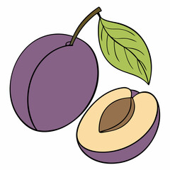 Simple Purple Plum Fruit with Green Leaf – Vector SVG Illustration