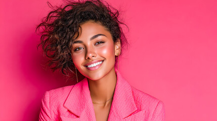 Joyful woman with curly hair smiling against vibrant pink backdrop while wearing stylish outfit