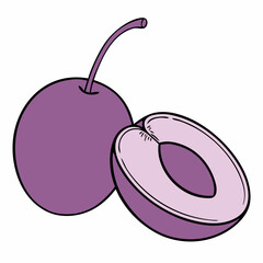 Simple Purple Plum Fruit with Green Leaf – Vector SVG Illustration