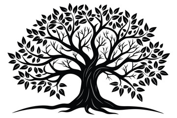 Detailed Black Silhouette Illustration of a Lush Tree with Leaves and Intricate Branches