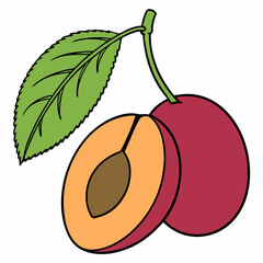 Simple Purple Plum Fruit with Green Leaf – Vector SVG Illustration