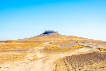 The fortress of Chilpik Kala, a tower of silence (dakhla) of the ancient Zoroastrian religion, serving as burial site in the desert,  Uzbekistan