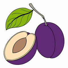 Simple Purple Plum Fruit with Green Leaf – Vector SVG Illustration