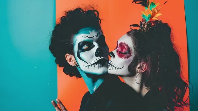 Two people with painted faces, one with a skull and the other with a bird on top of it