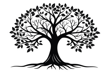 Graphic Silhouette Illustration Depicting a Tree with Full Leaves and Extended Roots System