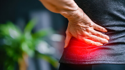 Experiencing discomfort in the lower back while stretching in a cozy indoor setting surrounded by greenery