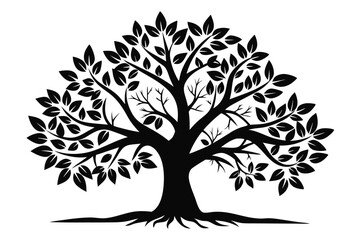 Artistic Silhouette of a Tree with Detailed Leaves, Roots, and Branches Design