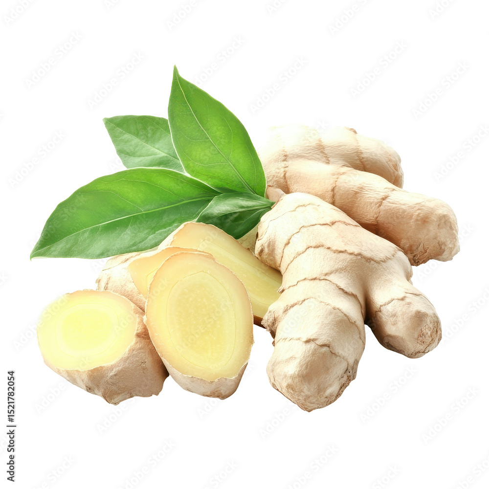 Poster fresh ginger roots and slices with green leaves on a white background create a vibrant display of na