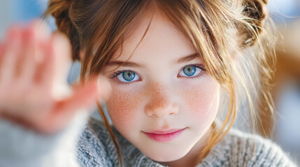 Bright-eyed girl playfully waving at the camera, showcasing her charming freckles in a cozy indoor setting during daylight hours