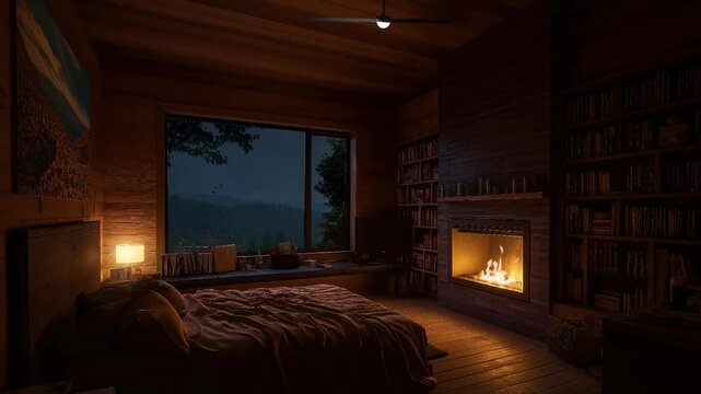 Coziness in the classic wooden cabin bedroom with fireplace seamless looping animation looping background