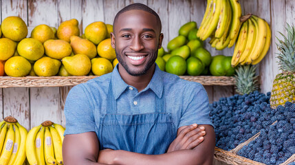 Smiling vendor in a vibrant fruit market showcasing fresh produce with enthusiasm and joy during a sunny day