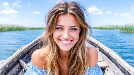 Radiant smile shines bright on sunny day as girl enjoys scenic boat ride on tranquil waters surrounded by lush greenery