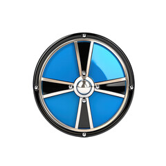 Obraz premium Circular shield design with vibrant blue and black segments, metallic accents, and a central emblem. The shield is rendered with a polished, reflective surface against a transparent background.