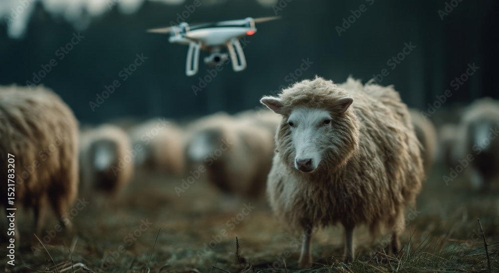 Poster Sheep Standing in a Field With a Drone Flying Overhead, Illustrating Agricultural Technology and Farm Management Practices : Generative AI