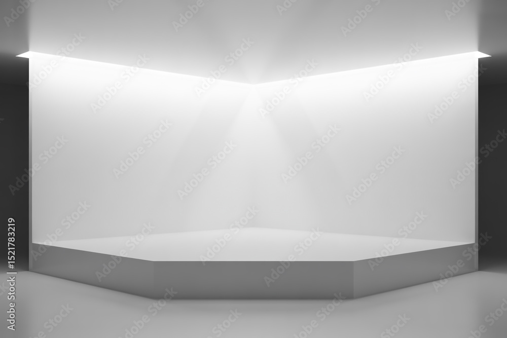 Poster minimalist hexagonal platform in a modern white room with subtle lighting