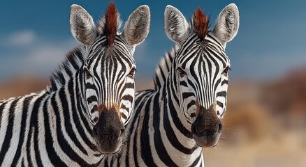 Fototapeta premium Close-Up of Two Zebras Looking at Camera, Showcasing Wildlife Conservation and African Safari Tourism : Generative AI