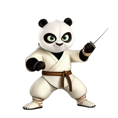 A playful cartoon panda, rendered in 3D, is depicted in a martial arts stance. The panda wears a cream colored karate gi and holds a long, thin dagger. The background is transparent. 