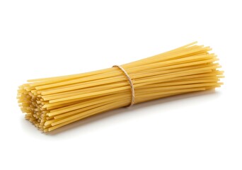 A bundle of uncooked spaghetti pasta tied with natural twine isolated on a white background