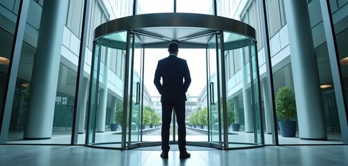 Man in suit stands inside modern corporate building, hands in pockets, looking through revolving glass doors. Businessperson, executive at work, high-tech glass door, futuristic architecture.