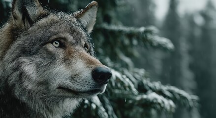 Fototapeta premium Close-Up of Majestic Wolf in Snowy Forest, Symbolizing Wilderness Conservation and Wildlife Protection Efforts : Generative AI
