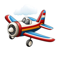 A cartoon airplane with red, white, and blue stripes flies against a transparent background. A small white cloud floats above it. The airplane has a propeller and wheels.