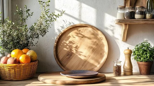 Wooden table with a plate and a basket of fruit on it. The basket has oranges and apples cinematic video footage