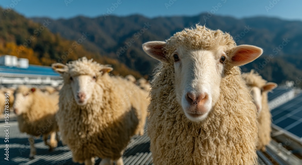 Poster close-up of sheep grazing in a mountain pasture with solar panels, representing sustainable farming 