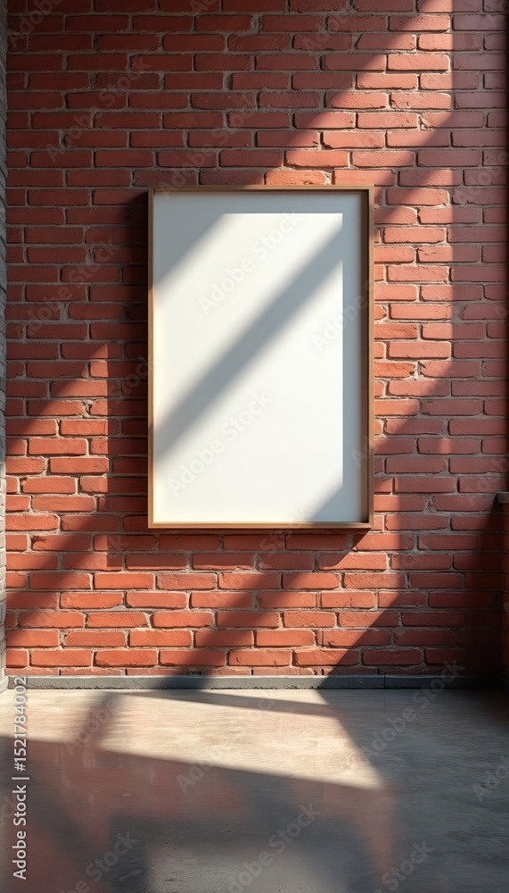 Poster mockup of empty picture frame on red brick wall. shadow creates aesthetic look. empty blank canvas f