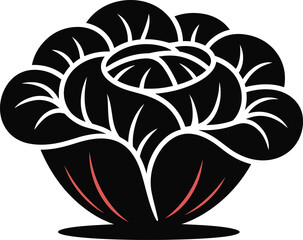Stylized Black and White Cabbage Head Graphic with Hints of Red.