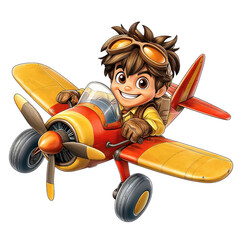 Smiling Cartoon Boy Pilot in Red and Yellow Airplane