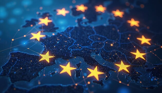 Illustration of European Union map, glowing stars. NIS2 Directive EU law aims strengthening cybersecurity across European Union, secure digital single market. Cyber security, data protection concept.