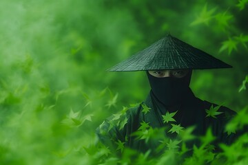 Ninja hidden in maple leaves, Straw hat silhouette figure, Green leaf camouflage effect, Misty forest backdrop scene, Vertical framing layout, Copy space available, Mysterious woodland mood

