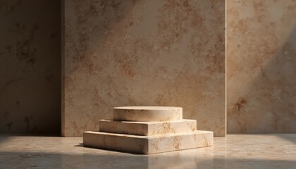 Stone podium pedestal for cosmetic product presentation. Minimalist marble design, product display platform. Empty stage for beauty products. Suitable for cosmetics. Elegant product placement, luxury