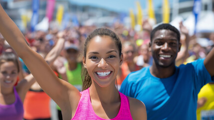 Naklejka premium Teamwork Celebration at Marathon Finish Line with Diverse Runners